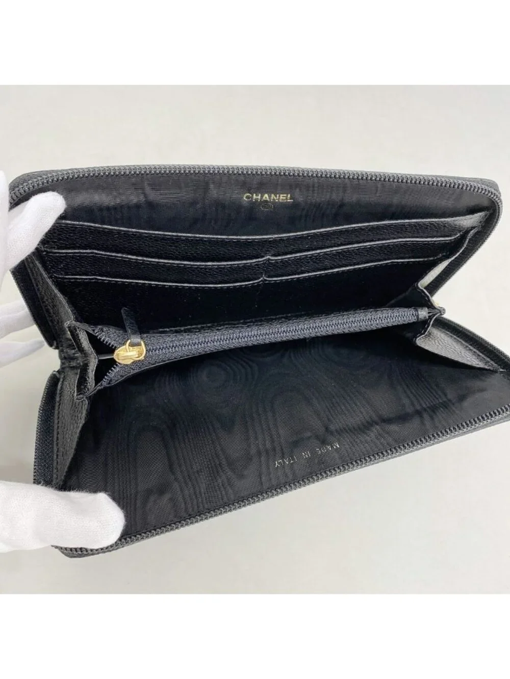 Chanel Wallet Caviar Leather Black Gold